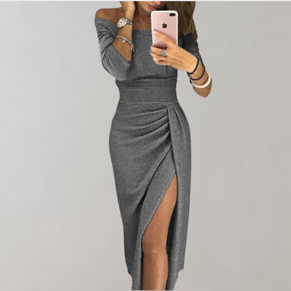 Off-Shoulder Midi Dress with Slit