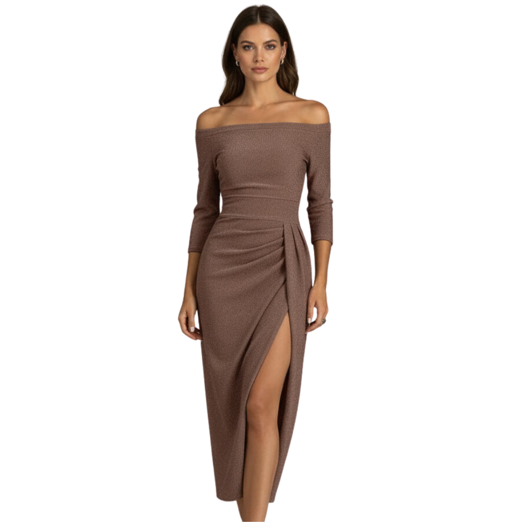 Off-Shoulder Midi Dress with Slit