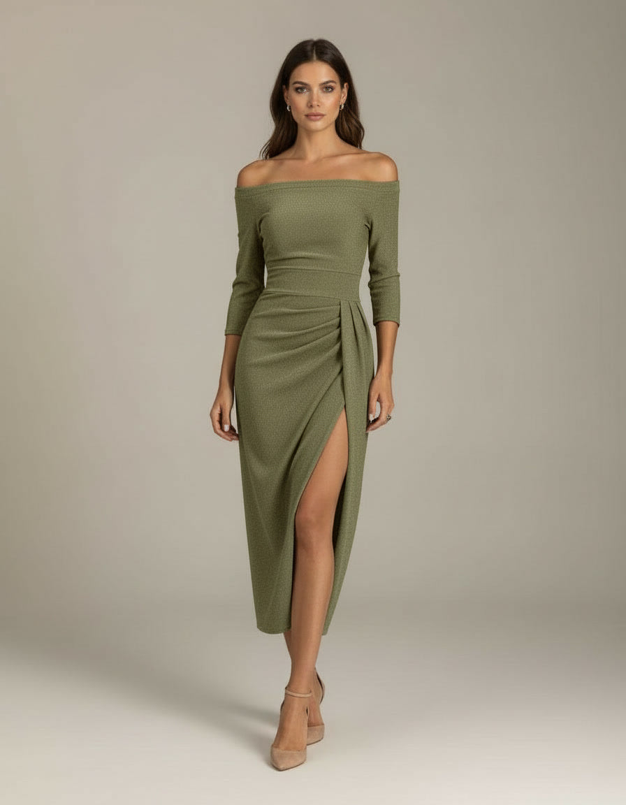 Off-Shoulder Midi Dress with Slit